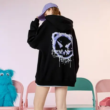 YEP黑色连帽卫衣女春秋款欧货大版原创潮牌外套女vintage上衣情侣商品大图