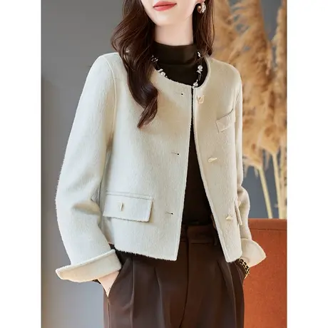 宝诗黎圆领短款羊毛毛呢外套女高级感宽松开衫上衣2023秋冬季新款商品大图