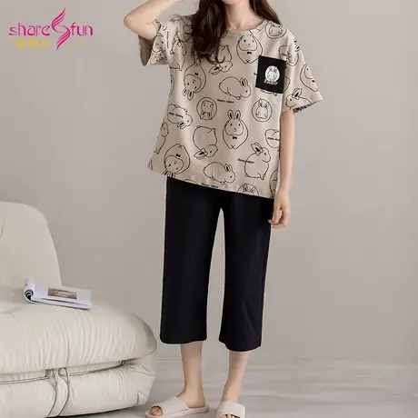 sharefun/霞黛芳纯棉圆领短袖七分裤家居服可外穿舒适睡衣套装女图片