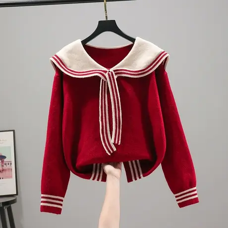 2023春秋新款韩版宽松女毛衣针织衫上衣套头长袖蝴蝶结海军领拼接商品大图