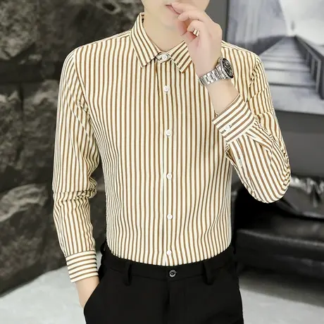 春秋季条纹长袖衬衫ins男士潮流男装上衣服高级感痞帅气休闲衬衣商品大图