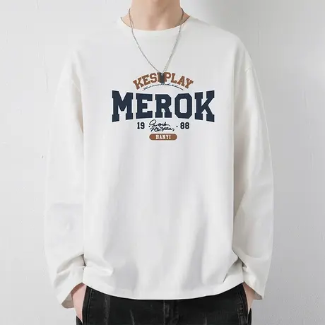 重磅纯棉长袖t恤男士春秋款美式复古体恤印花打底衫夏季宽松上衣商品大图