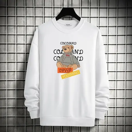 2023新款白色卫衣男春秋款加绒宽松套头无帽潮流小熊圆领长袖t恤商品大图