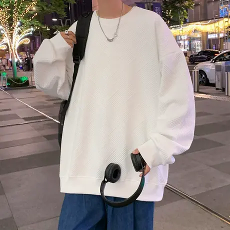 立体感提花美式卫衣男春秋季新款打底衫圆领宽松潮流oversize衣服图片