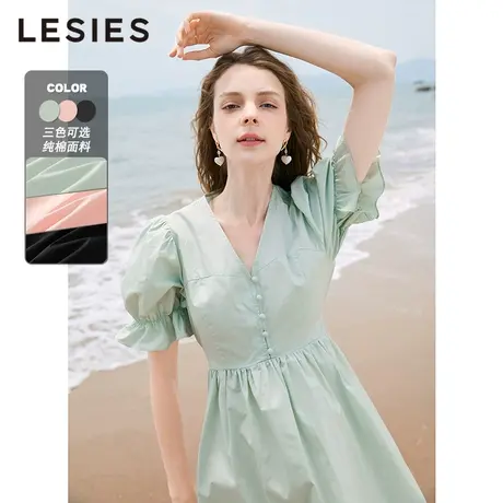 LESIES蓝色倾情夏新款V领短袖收腰棉赫本风修身显瘦连衣裙图片