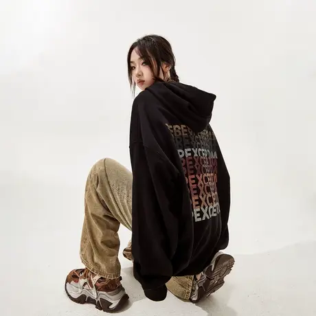 YEP潮牌黑色印花连帽卫衣女春秋2024新款复古宽松情侣装外套商品大图