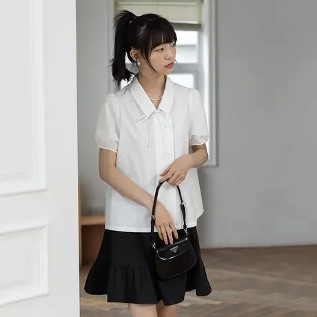omont蛋挞家 复古泡泡袖蝴蝶结系带衬衫女夏新款简约纯色休闲衬衣商品大图