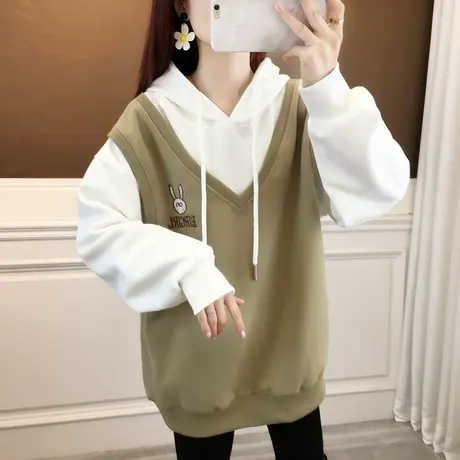 假两件连帽卫衣外套女春秋款韩系慵懒风厚2023年新款爆款休闲上衣图片