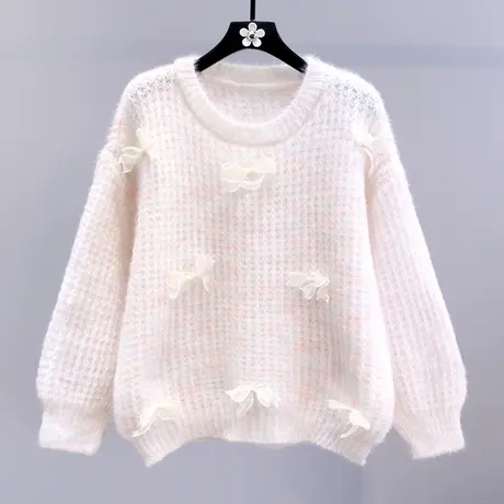 日系慵懒风软糯蝴蝶结套头毛衣女冬季2023新款宽松高级感针织上衣图片