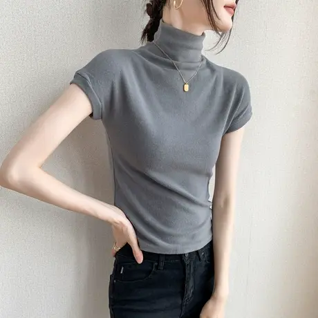 半高领短袖上衣女2023春季修身纯色开衫内搭t恤磨毛款保暖打底衫图片