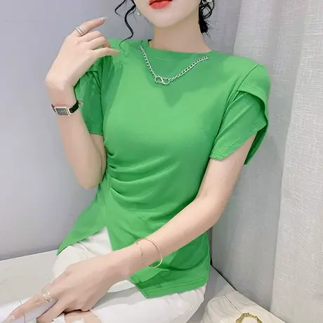 2024年新款个性不规则T恤女短袖开叉下摆上衣高腰修身半袖小衫ins商品大图