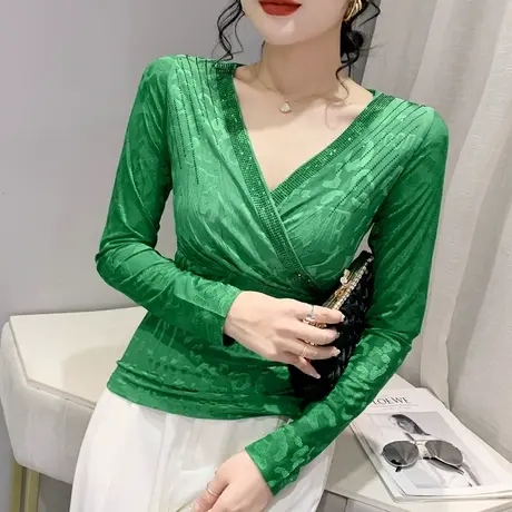 欧货性感V领T恤女长袖时尚提花烫钻洋气上衣设计感小众内搭打底衫商品大图