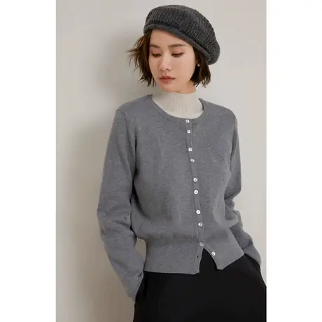 弥古气质灰色圆领针织衫上衣收腰女春秋外搭开衫外套修身早秋穿搭商品大图