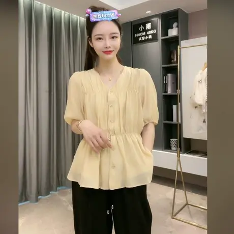 夏季新款褶皱时尚松紧腰设计感小衫宽松显瘦气质衬衫女衬衣上衣潮商品大图