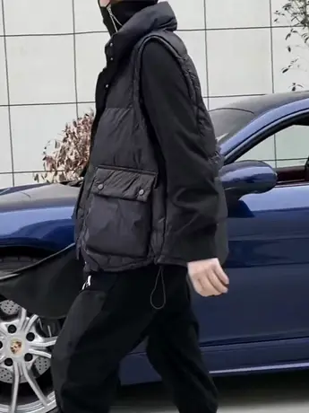 休闲纯色大口袋棉服马甲欧洲站2023冬季新款时尚百搭宽松保暖马甲商品大图