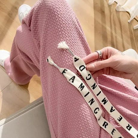 粉色泡芙格阔腿裤女夏季薄款高腰垂感宽松显瘦休闲直筒泡泡冰丝裤图片