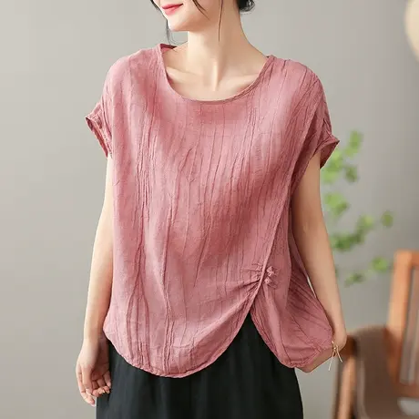 dza复古纯色苎麻T恤女2023夏季圆领短袖体恤气质漂亮棉麻打底上衣商品大图