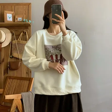 dza 复古圆领休闲加绒卫衣女秋冬内搭打底长袖宽松休闲上衣短外套图片