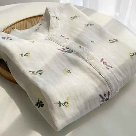 春秋装文艺小清新双层棉纱碎花立领衬衫女宽松百搭打底纯棉白衬衣图片