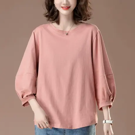 七分袖t恤女春夏款加肥加大码女装宽松中年妈妈纯棉休闲半袖上衣商品大图
