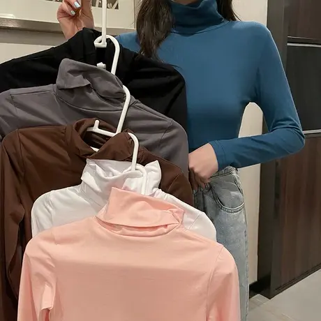 打底衫女秋冬内搭长袖t恤上衣黑色百搭洋气修身纯色高领打底上衣商品大图