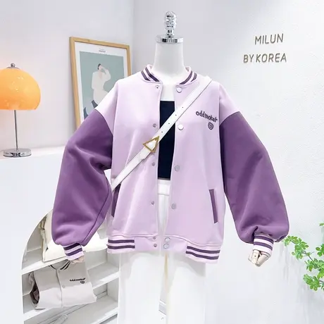 2023早春新款韩国东大门ins笑脸字母棒球服外套开衫上衣拼色大码商品大图