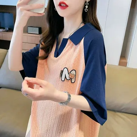 小众设计感翻领polo衫短袖t恤女夏季韩版宽松大码撞色娃娃领上衣图片