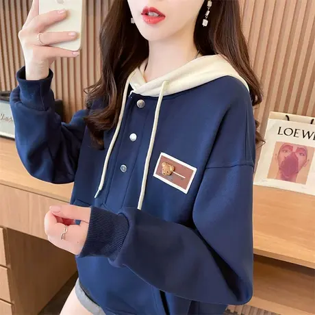 设计感连帽卫衣女秋冬季韩版宽松加绒加厚小个子百搭学生拼色外套商品大图