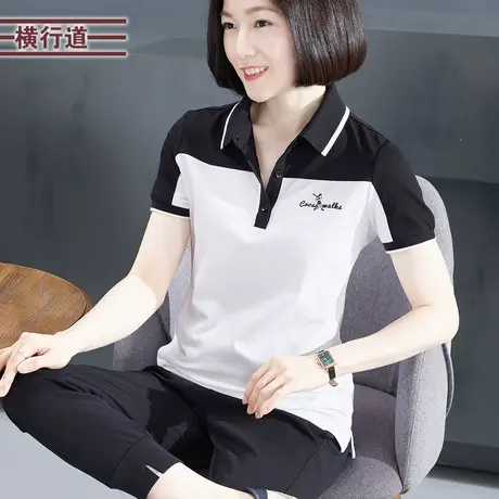 翻领绣花拼色短袖T恤2025新款夏装POLO领纯色半袖简约女衣工作服商品大图