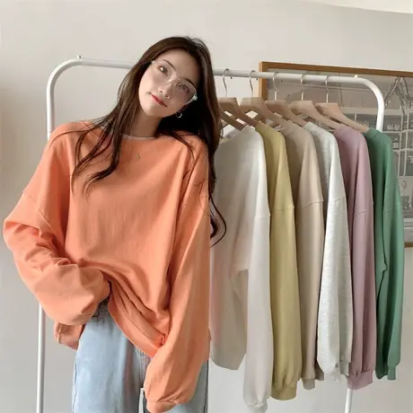 春秋白色长袖t恤女2024秋装新款宽松卫衣叠穿内搭打底衫初秋上衣商品大图