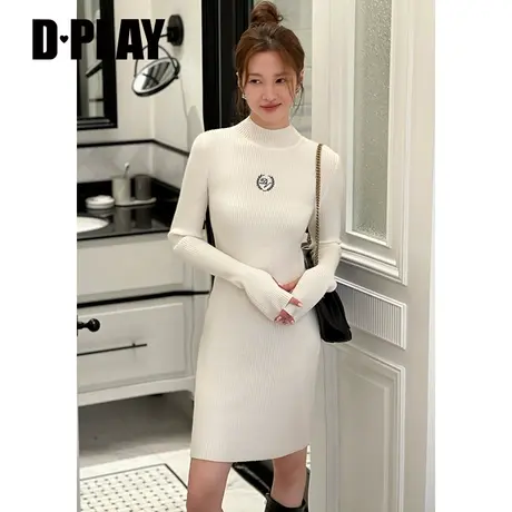 DPLAY秋冬通勤佰搭奶油白撞色刺绣半高领袖套修身针织连衣裙商品大图