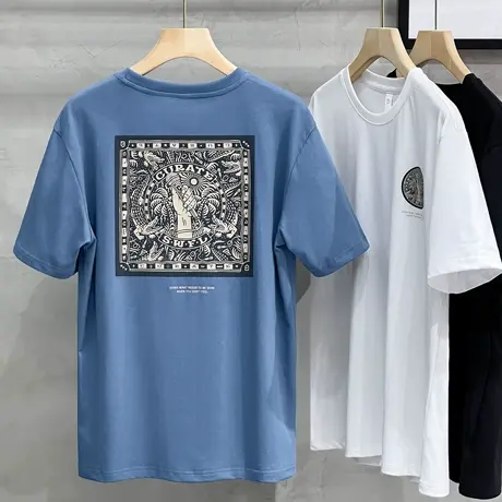 2023春夏新款短袖T恤男宽松潮流正背面印花日系黑色上衣港风半袖商品大图