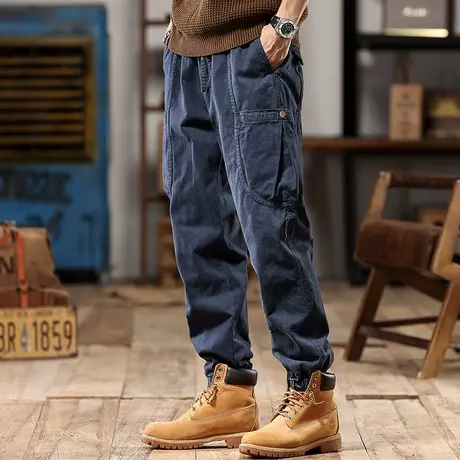 时尚百搭工装裤褪色高密斜纹精梳棉纯色舒适潮流大码宽松工装裤商品大图