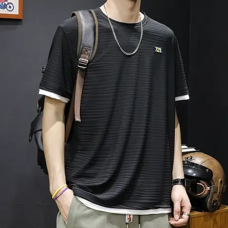 冰丝短袖t恤男假兩件胖子大码加肥加大潮牌男士速干体恤夏季薄款商品大图