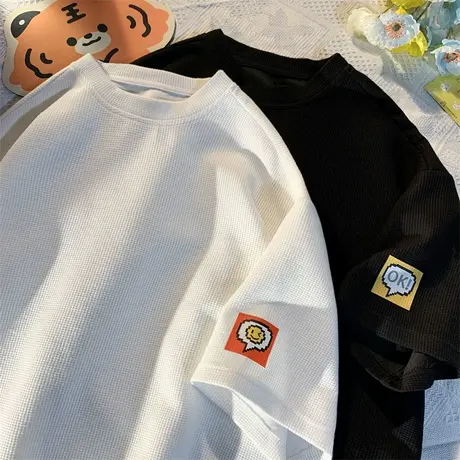 重磅华夫格短袖男夏季宽松圆领t恤潮牌贴标简约时尚半袖情侣体恤商品大图