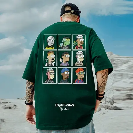 摩严夏季新款胖子纯棉t恤男美式潮牌复古潮流宽松加肥加大码短袖商品大图