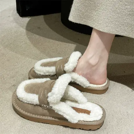 永希包头半拖女2023年秋冬季新款法式可爱复古拖鞋松糕毛茸茸棉拖商品大图