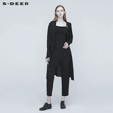 sdeer圣迪奥秋冬女装黑色连帽肌理褶皱开襟中长款外套S20381825🐵商品大图