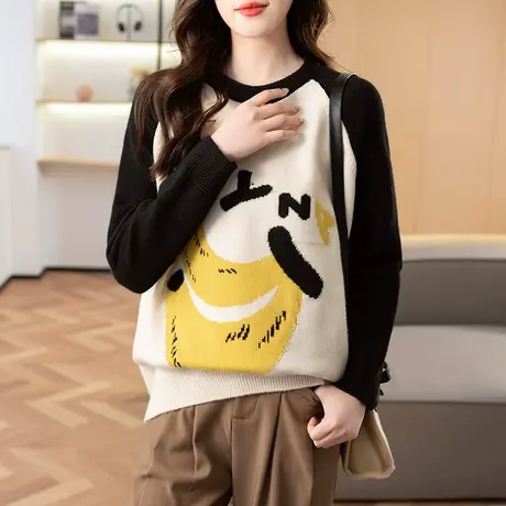 23173新款韩版宽松圆领长袖拼色针织衫女士百搭上衣毛衣打底衫图片