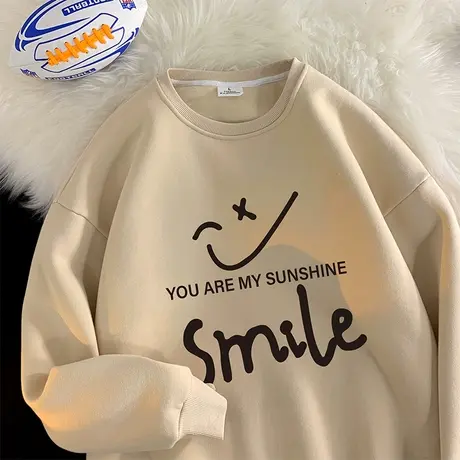 卫衣男春秋季新款加绒加厚圆领笑脸印花长袖内搭打底衫宽松港风潮商品大图