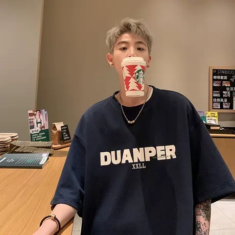 夏季潮流短袖t恤男港风字母印花上衣韩版圆领百搭简约青年体恤衫商品大图