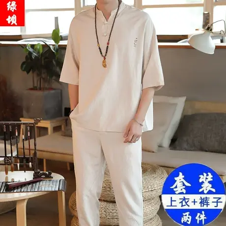 青年短袖男中国风夏季套装复古风五分袖唐装两件套潮牌大码t恤男图片