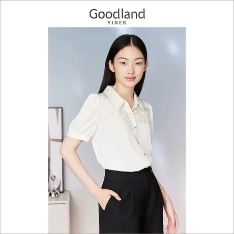 Goodland女装2023夏短袖通勤翻领衬衫钉珠泡泡袖上衣商品大图