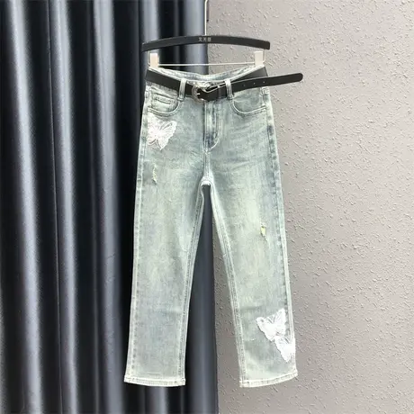 浅色洗水磨破牛仔九分裤女24春季新款高腰修身显瘦蝴蝶拼接直筒裤图片