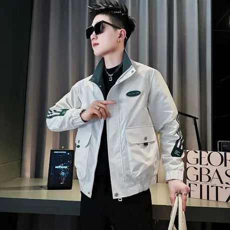 工装外套男春季韩版休闲撞色条纹立领褂子男装潮牌冲锋衣夹克上衣商品大图