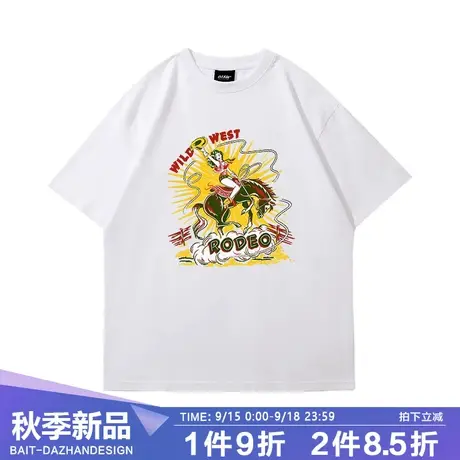 潮流美式高街t恤短袖情侣装撞色洋气西部牛仔女郎百搭宽松体恤夏商品大图