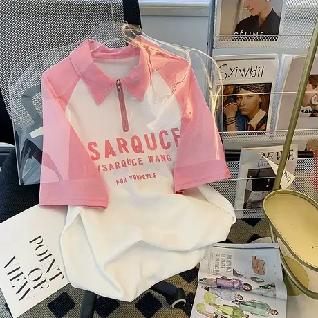 纯棉polo衫半拉链短袖t恤女夏季宽松ins潮牌设计感小众别致上衣服商品大图