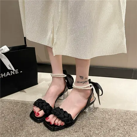 粗跟凉鞋女夏季2024年新款仙女风珍珠绝美凉鞋配裙子蝴蝶结高跟鞋商品大图