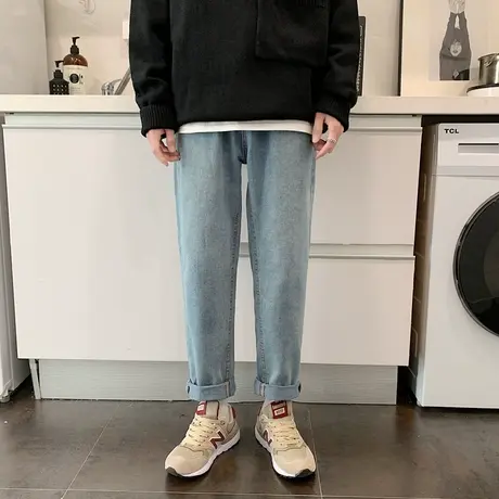 直筒浅色牛仔裤男潮牌ins宽松裤子韩版潮流百搭九分裤夏季薄款9分商品大图