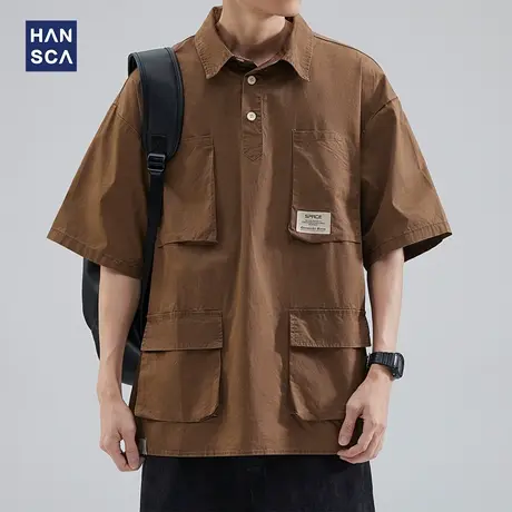 hansca复古工装短袖衬衫男夏季宽松大码设计感多口袋纯棉半袖衬衣商品大图